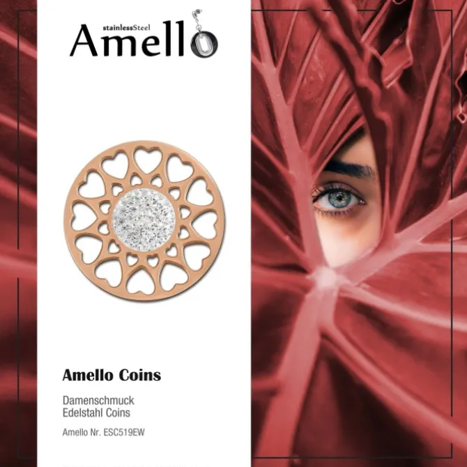 Amello Edelstahl Coin Herzblume rosegold Zirkonia weiß Stahlschmuck ESC519EW