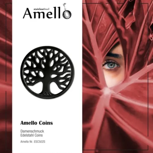 Amello Edelstahl Coin Lebensbaum geschwärzt Coinsfassung Stahlschmuck ESC502S