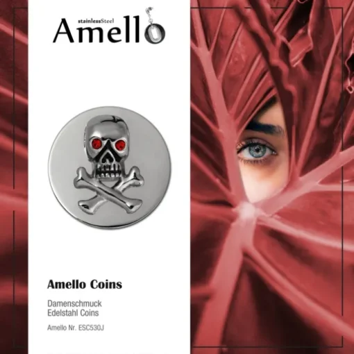 Amello Edelstahl Coin Totenkopf Silber Zirkonia rot Edelstahlschmuck ESC530J