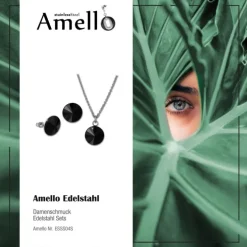 Amello Edelstahl Schmuckset Ohrring, Kette Zirkonias schwarz ESSS04S