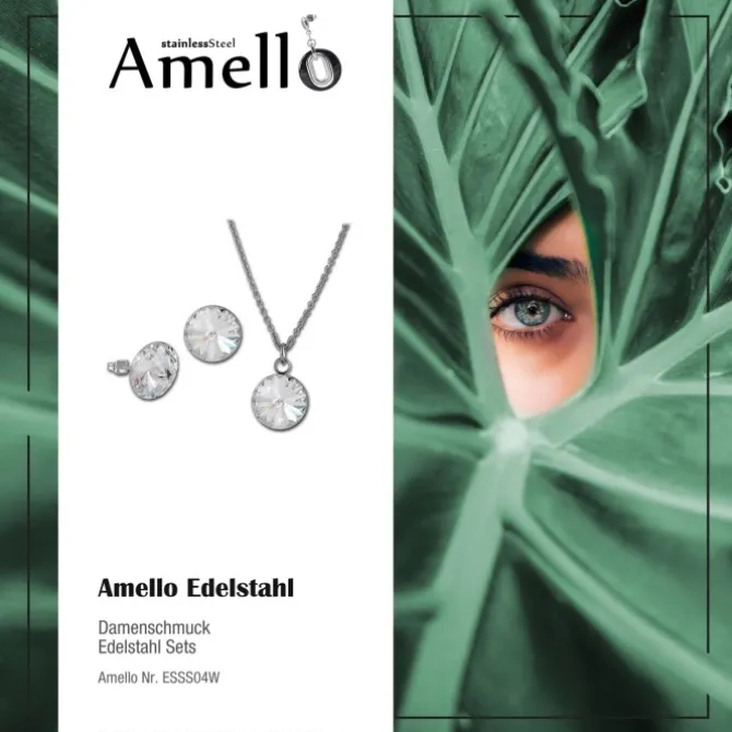 Amello Edelstahl Schmuckset Ohrring, Kette Zirkonias weiß ESSS04W