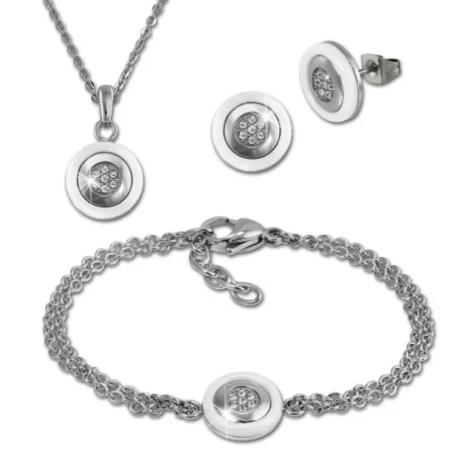 Amello Edelstahlschmuckset Keramik Rund Zirkonia Kette, Armband, Ohrring ESSX31W