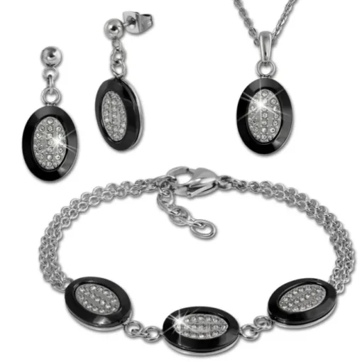 Amello Edelstahlschmuckset Keramik Rund Zirkonia Kette, Armband, Ohrring ESSX32S