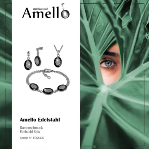 Amello Edelstahlschmuckset Keramik Rund Zirkonia Kette, Armband, Ohrring ESSX32S
