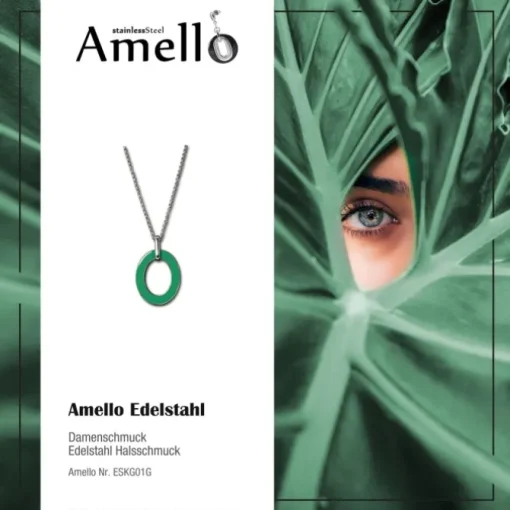 Amello Halskette Oval Emaille grün/weiß Damen Edelstahlschmuck ESKG01G