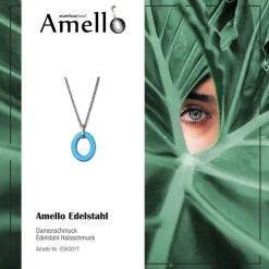 Amello Halskette Oval Emaille türkis/weiß Damen Edelstahlschmuck ESKG01T