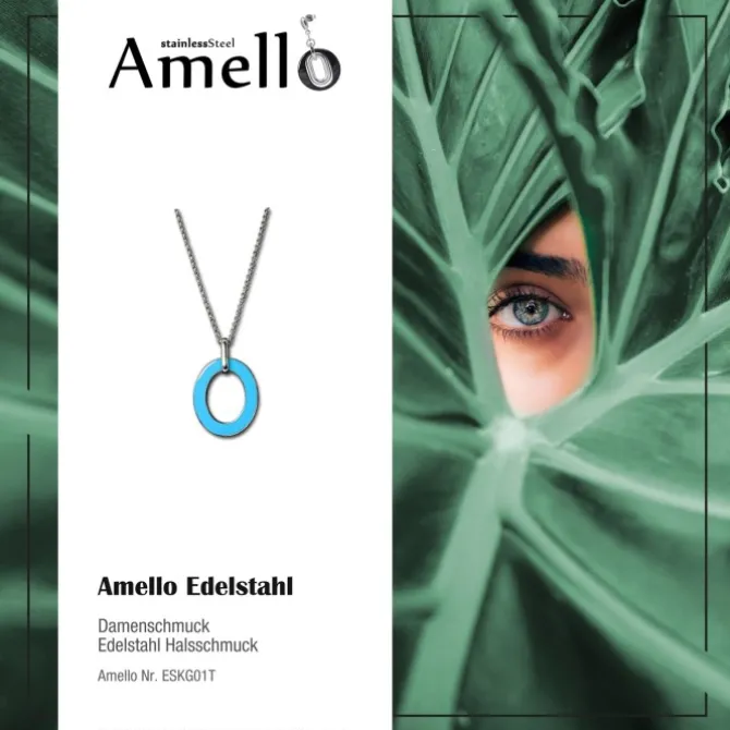 Amello Halskette Oval Emaille türkis/weiß Damen Edelstahlschmuck ESKG01T
