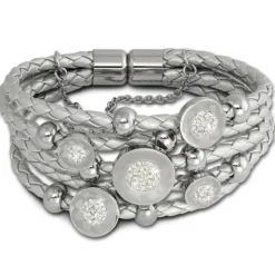 Amello Leder Armband silber Kreise Zirkona weiß Edelstahl Verschluss LAQ013J9