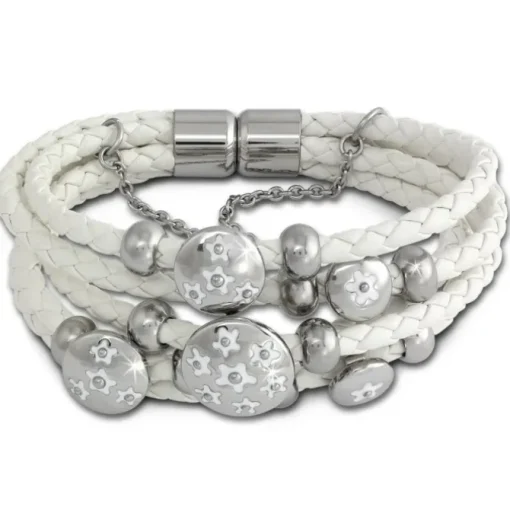 Amello Leder Armband weiß Blumen mit Edelstahl Magnet Verschluss LAQ001W9