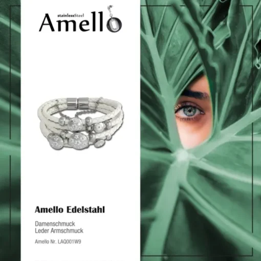 Amello Leder Armband weiß Blumen mit Edelstahl Magnet Verschluss LAQ001W9