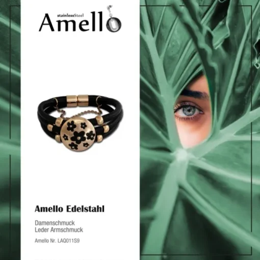 Amello Nappa-Leder Armband schwarz Blumen Edelstahl rosevergoldet LAQ011S9