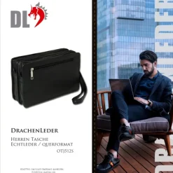 DrachenLeder Handgelenktasche Leder schwarz Herrentasche Smartphonefach OTJ512S