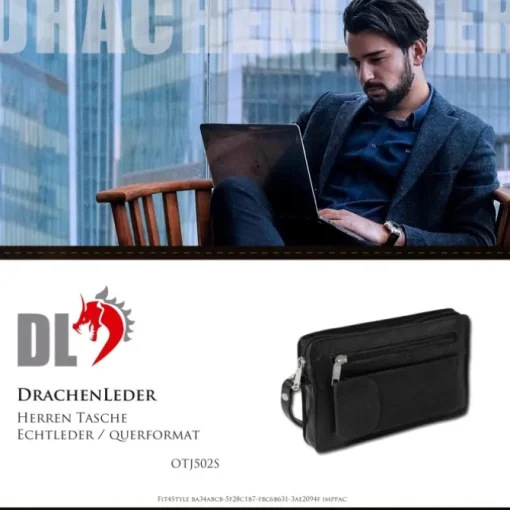 DrachenLeder Handgelenktasche Herren schwarz Echtleder Herrenhandtasche OTJ502S
