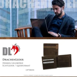 DrachenLeder Vintage braun Echtleder Portemonnaie Brieftasche Herren OPT083N