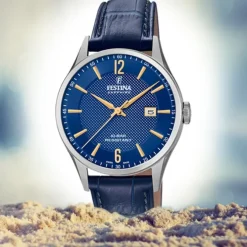 Festina Herren Armbanduhr Swiss Made F20007/3 Quarz Leder blau UF20007/3