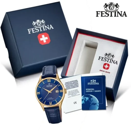 Festina Herren Armbanduhr Swiss Made F20010/3 Quarz Leder blau UF20010/3