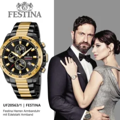 Festina Herrenuhr Chronograph Sport Armbanduhr Edelstahl schwarz gold UF20563/1