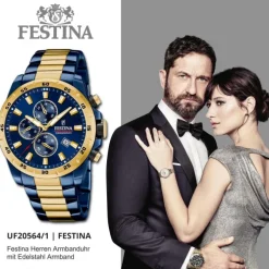 Festina Herrenuhr Chronograph Sport Armbanduhr Edelstahl blau gold UF20564/1