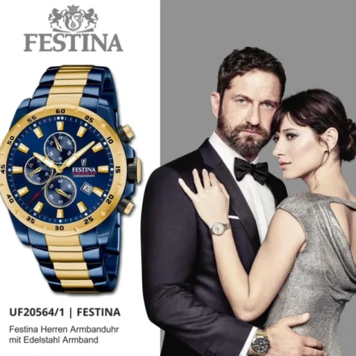 Festina Herrenuhr Chronograph Sport Armbanduhr Edelstahl blau gold UF20564/1