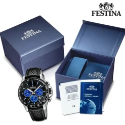 Festina Herrenuhr Timeless Chronograph Armbanduhr Leder schwarz UF20561/6
