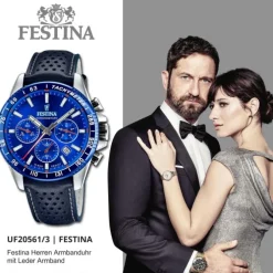 Festina Herrenuhr Timeless Chronograph Armbanduhr Leder dunkelblau UF20561/3