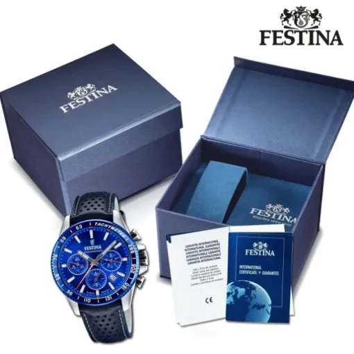 Festina Herrenuhr Timeless Chronograph Armbanduhr Leder dunkelblau UF20561/3