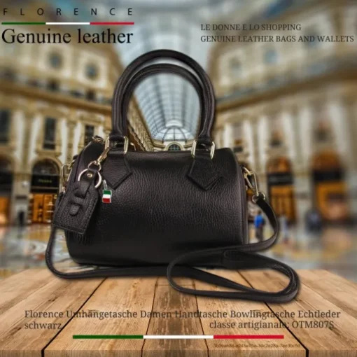 Florence Damen Handtasche Bowlingtasche Echtleder schwarz OTM807S