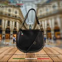 Florence Damen Satteltasche Nieten Echtleder schwarz OTM105S