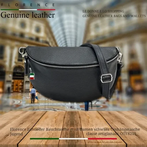 Florence Echtleder Bauchtasche groß Damen schwarz Jugend OTF825S