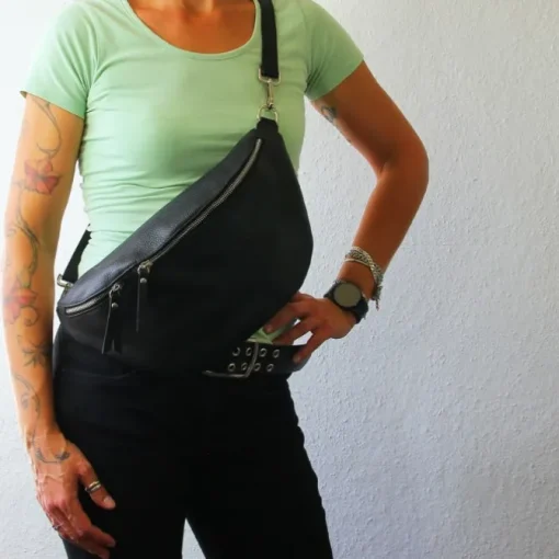 Florence Echtleder Gürteltasche extra groß Damen schwarz Bauchtasche Jugend OTF820S