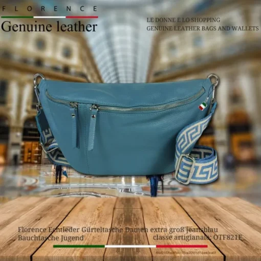 Florence Echtleder Gürteltasche Damen extra groß jeansblau Bauchtasche Jugend OTF821F