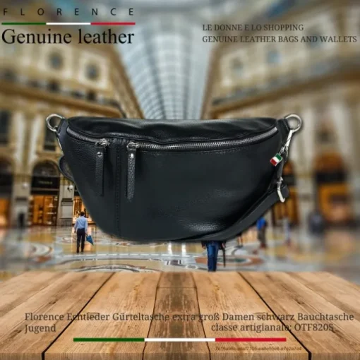 Florence Echtleder Gürteltasche extra groß Damen schwarz Bauchtasche Jugend OTF820S