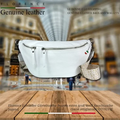 Florence Echtleder Gürteltasche Damen extra groß weiß Bauchtasche Jugend OTF821W