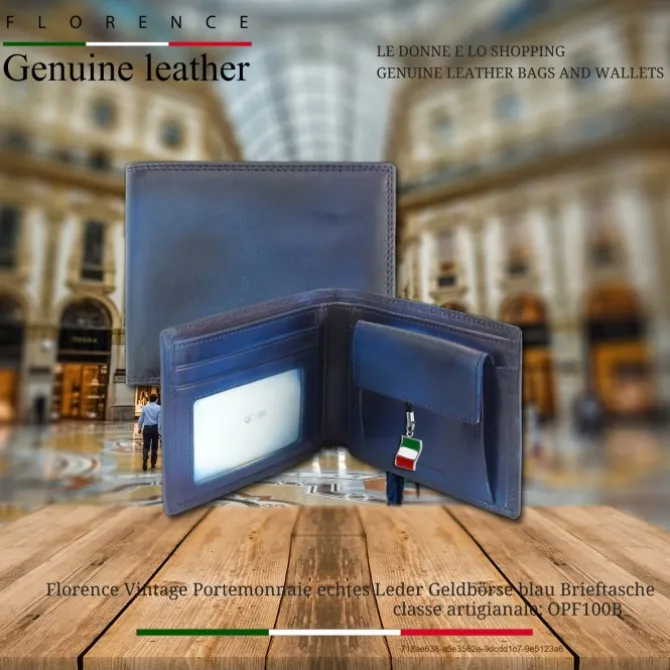 Florence Vintage Portemonnaie echtes Leder blau Brieftasche OPF100B