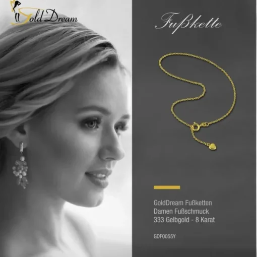GoldDream Fußkette Herz 333 Gold 25cm Damen 8 Karat Echtschmuck GDF0055Y
