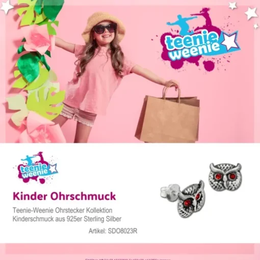 Kinder Ohrring Eulenkopf rot Silber Ohrstecker Kinderschmuck TW SDO8023R