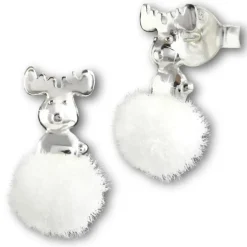 Kinder Ohrring Rentier weiße Puschel Ohrstecker 925 Silber TW SDO8550W