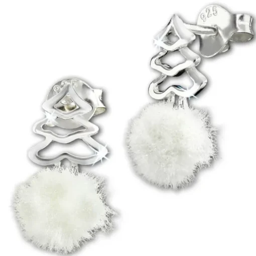 Kinder Ohrring Tannenbaum weiße Puschel Ohrstecker 925 Silber SDO8554W