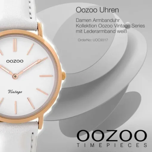 Oozoo Damen Armbanduhr rosegold Ultra Slim Quarz C9317 Lederarmband weiß UOC9317