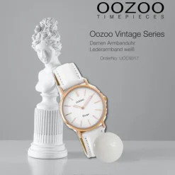 Oozoo Damen Armbanduhr rosegold Ultra Slim Quarz C9317 Lederarmband weiß UOC9317