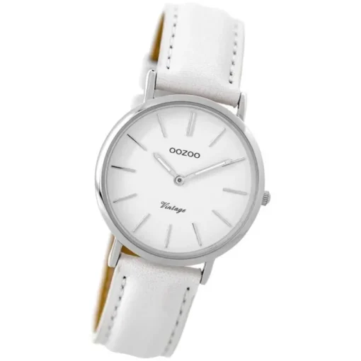 Oozoo Damen Armbanduhr silber Ultra Slim Quarz C9313 Lederarmband weiß UOC9313