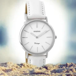 Oozoo Damen Armbanduhr silber Ultra Slim Quarz C9313 Lederarmband weiß UOC9313