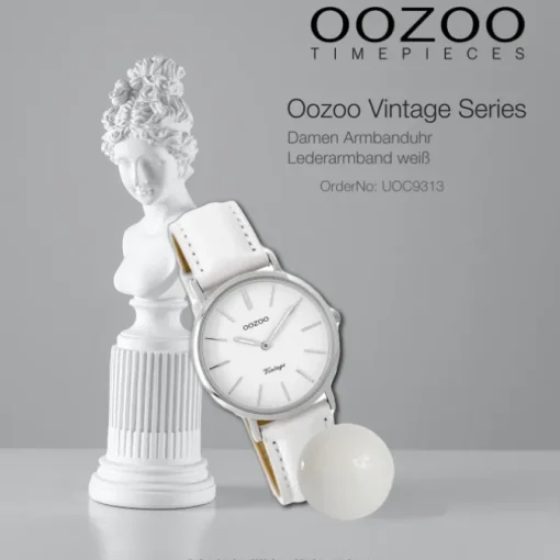 Oozoo Damen Armbanduhr silber Ultra Slim Quarz C9313 Lederarmband weiß UOC9313