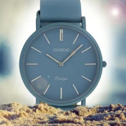 Oozoo Damen Armbanduhr Ultra Slim C9877 Quarzwerk Leder hellblau UOC9877