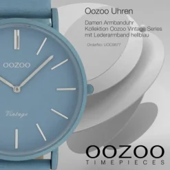 Oozoo Damen Armbanduhr Ultra Slim C9877 Quarzwerk Leder hellblau UOC9877