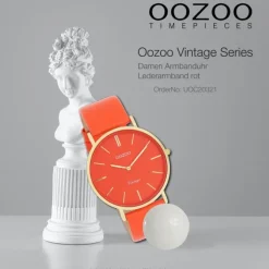 Oozoo Damen Armbanduhr Vintage Analog Leder rot orange UOC20321