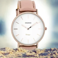 Oozoo Damen-Uhr Ultra Slim Quarzuhr Leder-Armband pinkgrau nude UOC7738