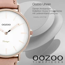 Oozoo Damen-Uhr Ultra Slim Quarzuhr Leder-Armband pinkgrau nude UOC7738