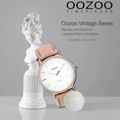 Oozoo Damen-Uhr Ultra Slim Quarzuhr Leder-Armband pinkgrau nude UOC7738