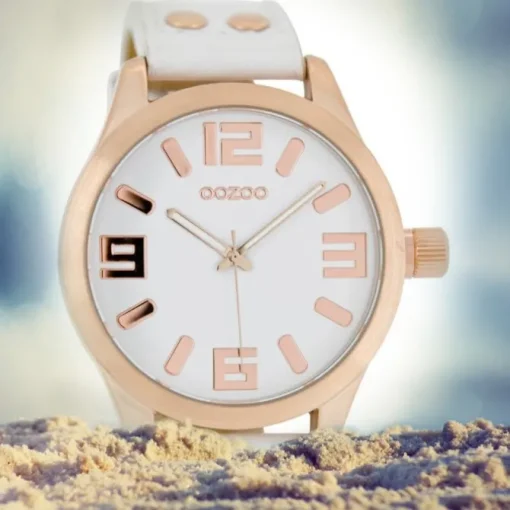 OOZOO Damenuhr weiß/rosegold 46mm, Uhr mit Leder-Armband UOC1150